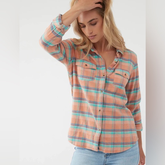 NWT O’Neill NASH FLANNEL TOP shirt peach plaid print soft cotton button up - Picture 2 of 11
